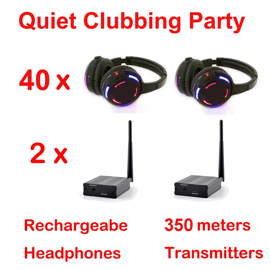 Silent Disco Complete System Black LED Wireless Hörlurar - Tyst klubbfestpaket med 40 hörlurar 2 -sändare