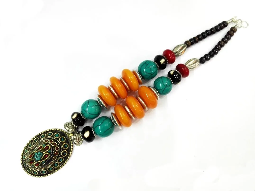 18 '' Ethnic Pendant Chunky Colar Tibet prata brilhante Âmbar Turquesa Bead oyzz-009