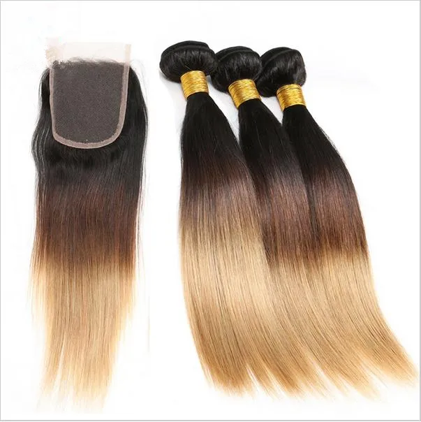 #1B/4/27 Honey Blonde Ombre Brazilian Hair 3Bundles With Lace Closure Dark Roots Three Tone Silky Straight Ombre Hair Weaves With Closure