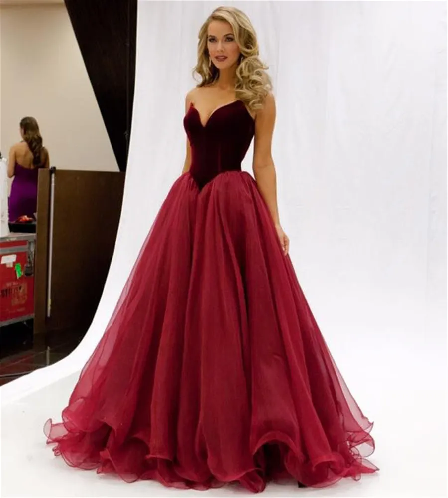 Strapless Elegant Velvet And Tulle Burgundy Prom Dresses V-waistline Sexy Evening Gown Zipper/Lace Up Pageant Party Dress