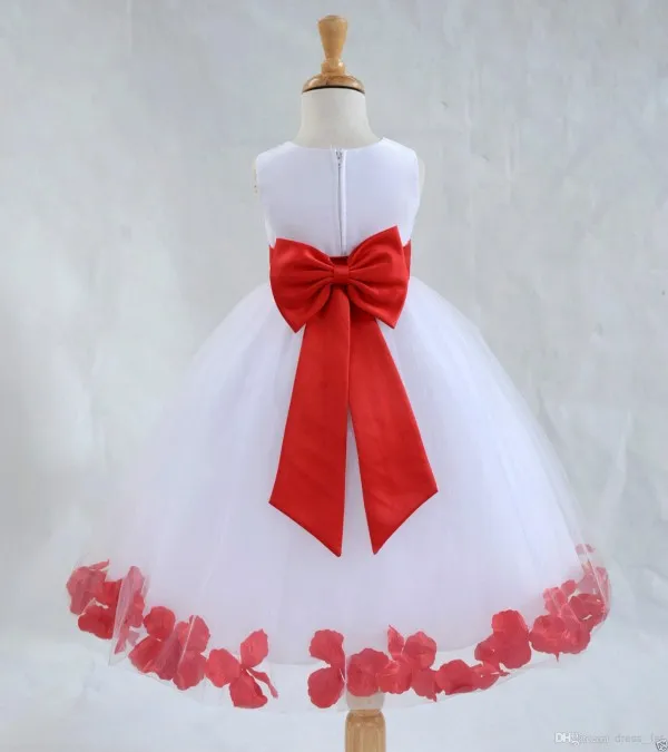 Adorável Dois Tons Vermelho e Branco Flor Menina Vestidos Baratos Flor Meninas Vestido para Casamentos Crianças Formais Vestido Bow Sash Pétalas Chá Comprimento