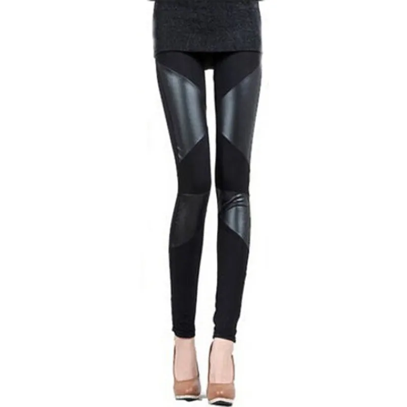 Wholesale- Sexy Womens Leggings New Fashion Stitching Stretchy Faux Leather Skinny Leggings Pants Hot Sale
