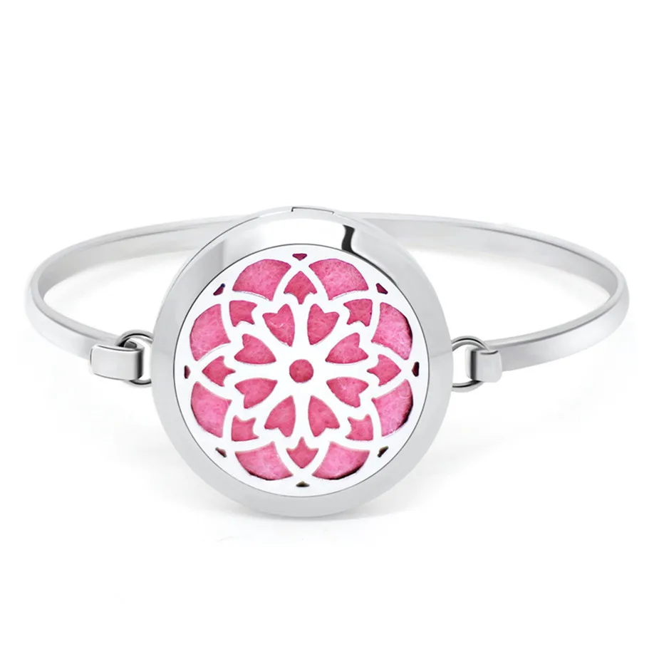 GS111-GS120 Pretty Flower 30mm Aromaterapi Essential Oljet Locket Bangle 316L S.Steel Parfym Diffuser Locket Armband Filt pads som gåva