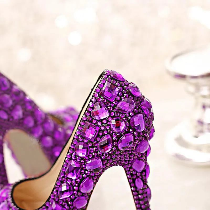 Purple Crystal Bridal Shoes High Heel Платформы ручной работы красивые страза Свадебная вечеринка.