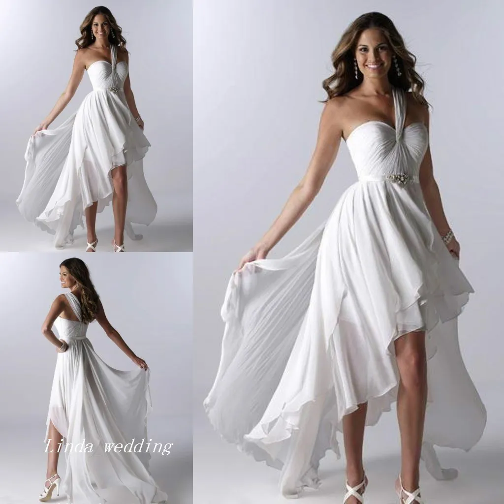 Free Shipping Simple White Beach Wedding Dresses Asymmetrical Short Front Long Back High Low One Shoulder Ruffles Chiffon Sexy Bridal Gowns