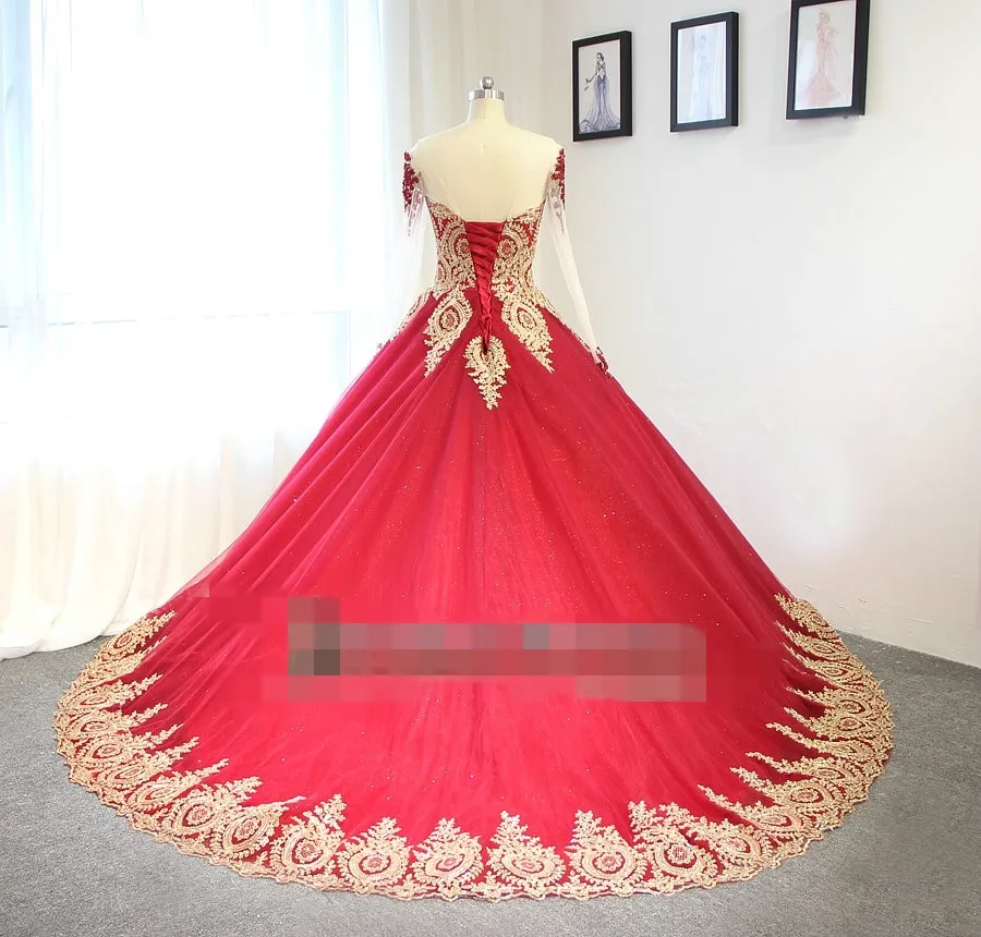 New Red And Gold Ball Gown Wedding Dresses With Long Sleeves Corset Non White Colorful Bridal Gowns Arabic Formal Dress Custom Made