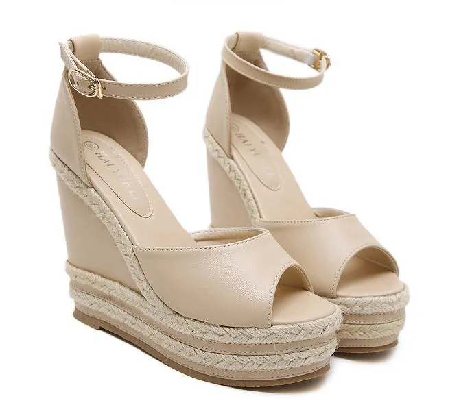 2012 Chic Summer Beige Color Straw Woven Wedge Sandal Platform Heels Pink White Black Beige 2018 Size 34 To 40