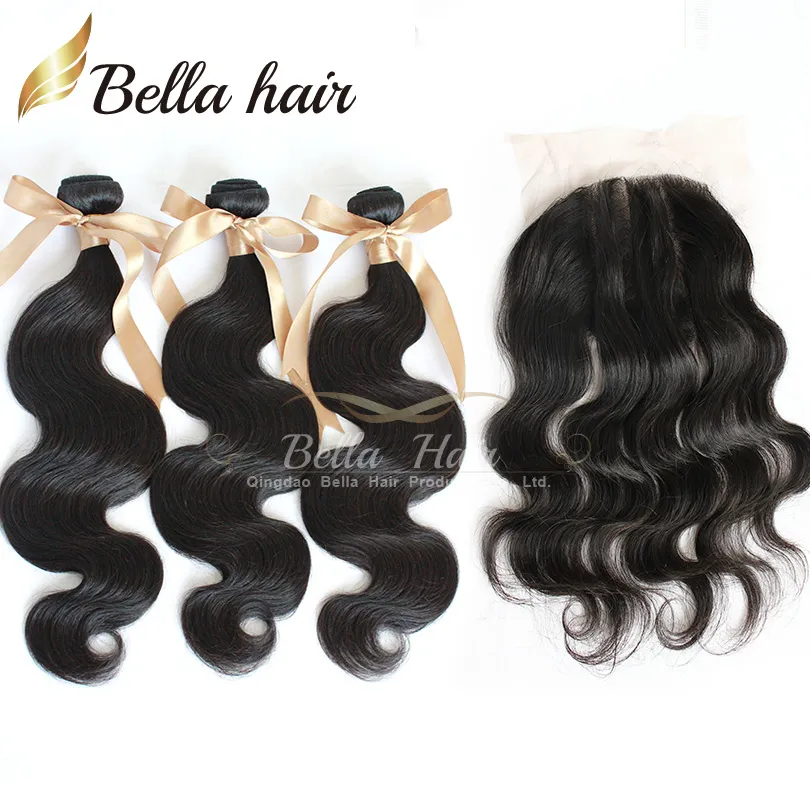 4st/parti 4x4 3 Del spetsst￤ngning med bunth￥r 3PC: s brasilianska h￥rf￶rl￤ngningar Body Wave Weft Bellahair