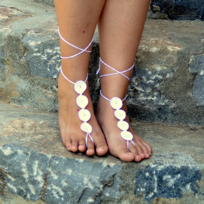 Medalion White Crochet Handmade Barefoot Sandals Sexy Foot Jewelry For