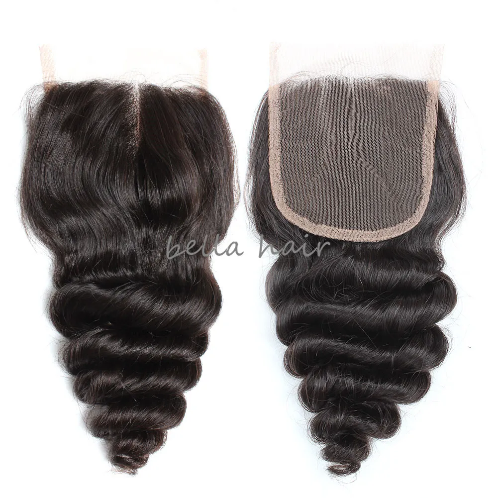 Peruviano 4x4 Parte média de onda solta transparente HD Lace Fechamento de cabelo humano fechamento de cabelos humanos tece cor natural Bella Hair4044278