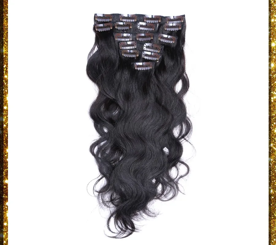 7A REMY CLIP في Human Hair 70G 100G 120G 140G 160G 180G Virgin Brazilian Body Wave 1 Jet Black Clip in Hair Extensions 1812431