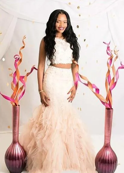 Two Pieces Mermaid Prom Dresses Custom Champagne Lace Appliques With Beaded  Jewel Neck And Ruffles Evening And Pageant Gowns From Missudress, $135.68