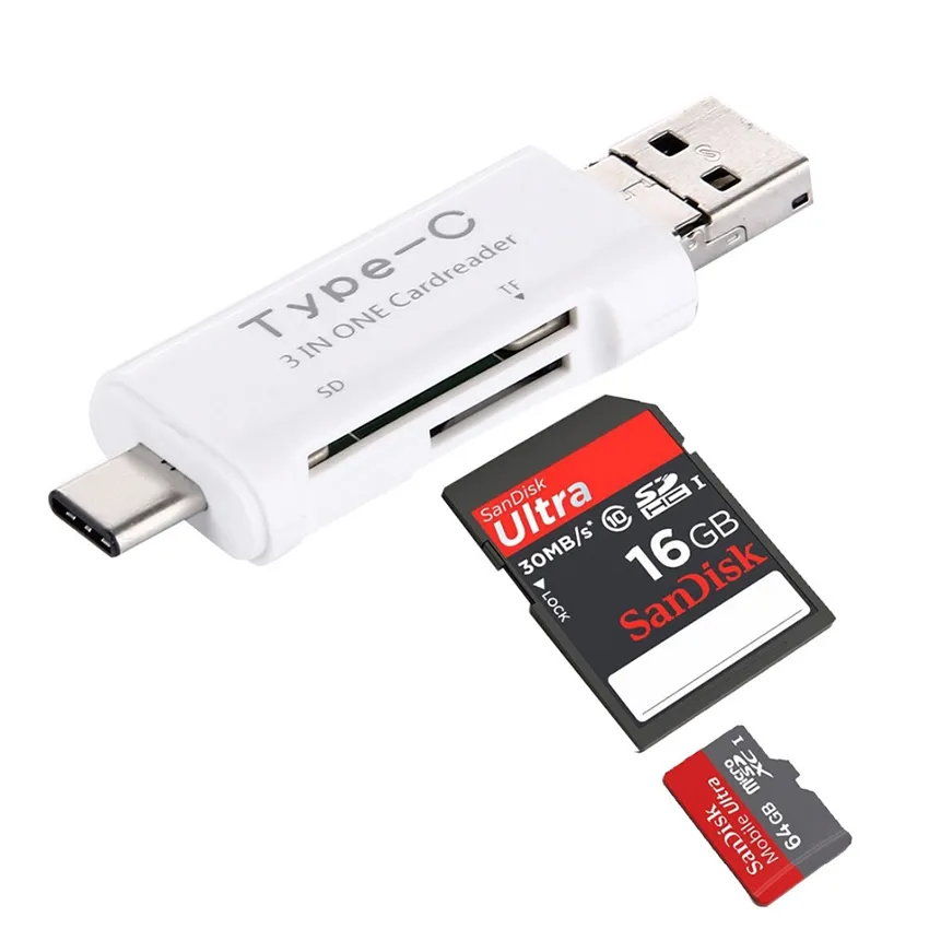 3 i 1 USB 3.1 Typ C Micro USB OTG USB-kortläsare Micro SDHC SD TF-typ-C-kortläsare för Samsung Note7 S7 iPhone7 MacBook Notebook