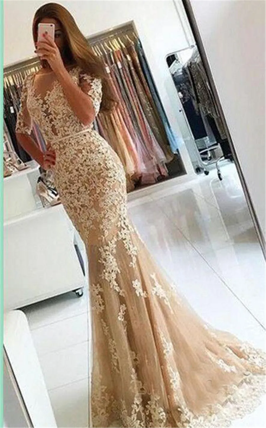 Lace Open-Back Half-Sleeves Mermaid Champagne Prom Klänningar Sheer V-Neck Sexig Evening Dress Vestidos de Fiesta Cortos 2019