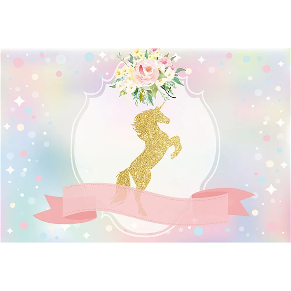 Gold Unicorn Birthday Party Photography Backdrop Pink Ribbon Digital Printed Flowers Bokeh Baby Shower Photo Background for Studio