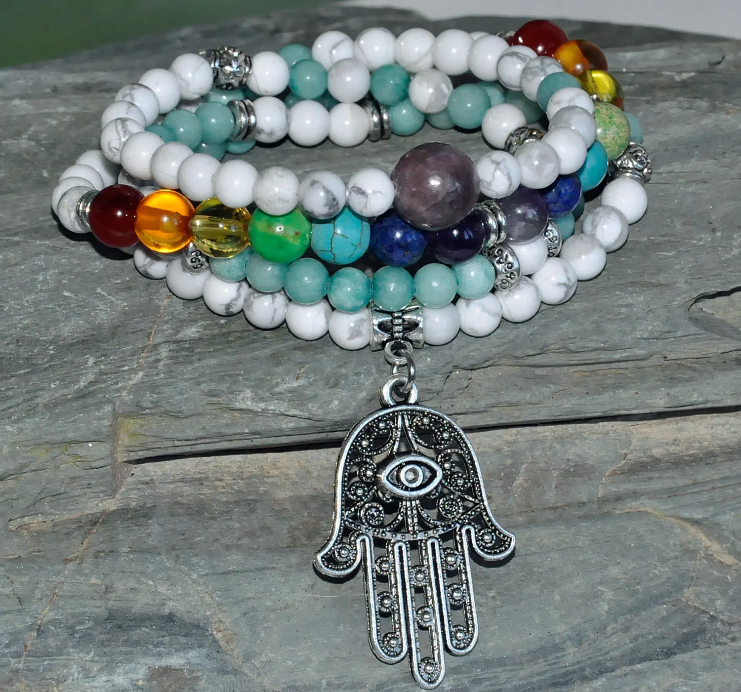 SN0288 Proteção 108 Mala Contas Pulseira Yoga Colar Japa Hamsa Pedra Natural Jóias Chakra Envoltório de Jóias Por Atacado