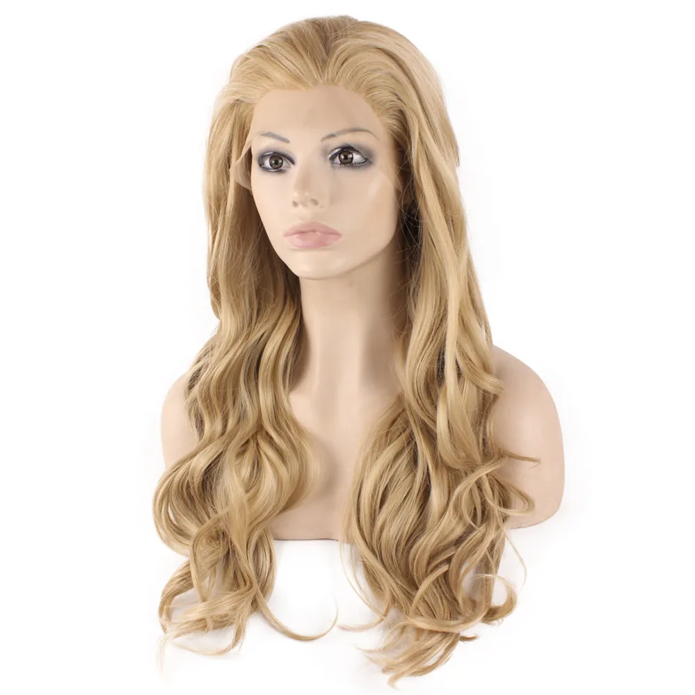 Perruque de Cheveux Synthétiques Longue Ondulée Blonde Cendrée Lace Front Résistante à la Chaleur
