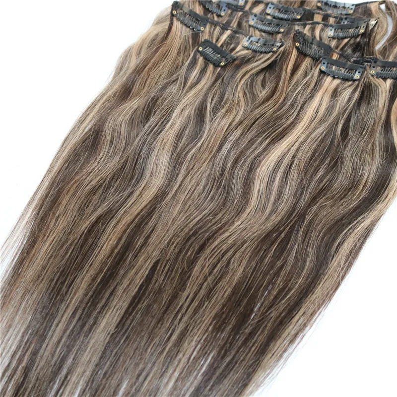 7peças 120g Piano Color Extensões de Cabelo Humano Clipe em Ombre Dois Tons 2# Marrom a 27# Loiro Destaques Whole208S