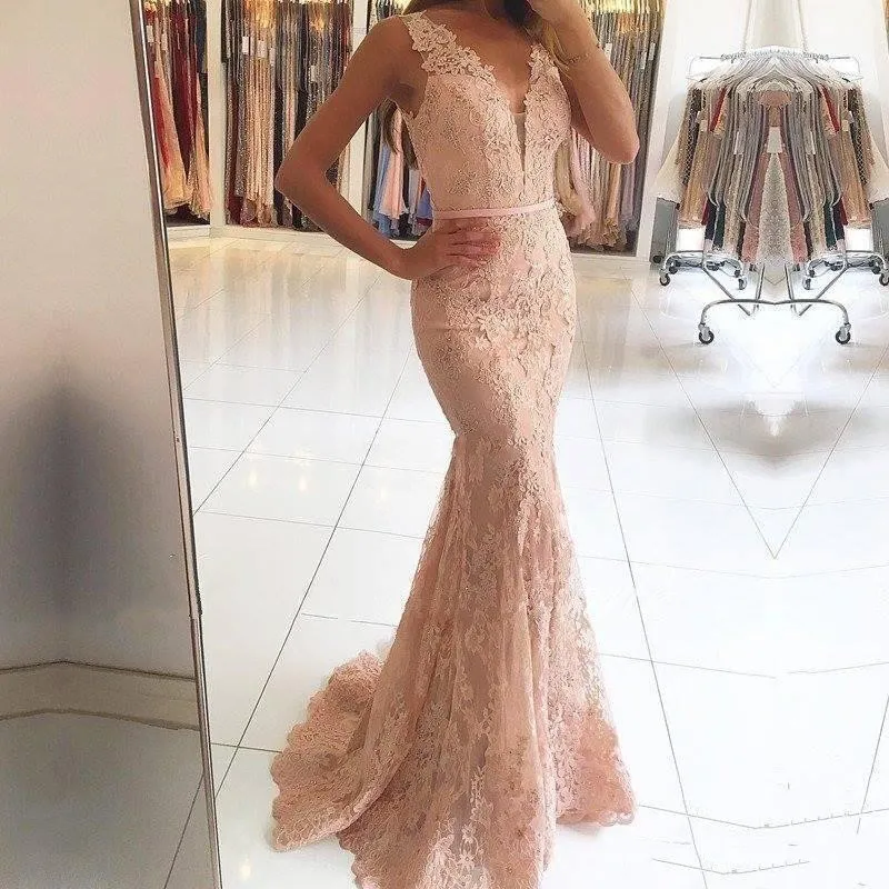 blush pink mermaid evening dresses new lace appliqued v neck formal prom gowns covered button cheap long crystal dress
