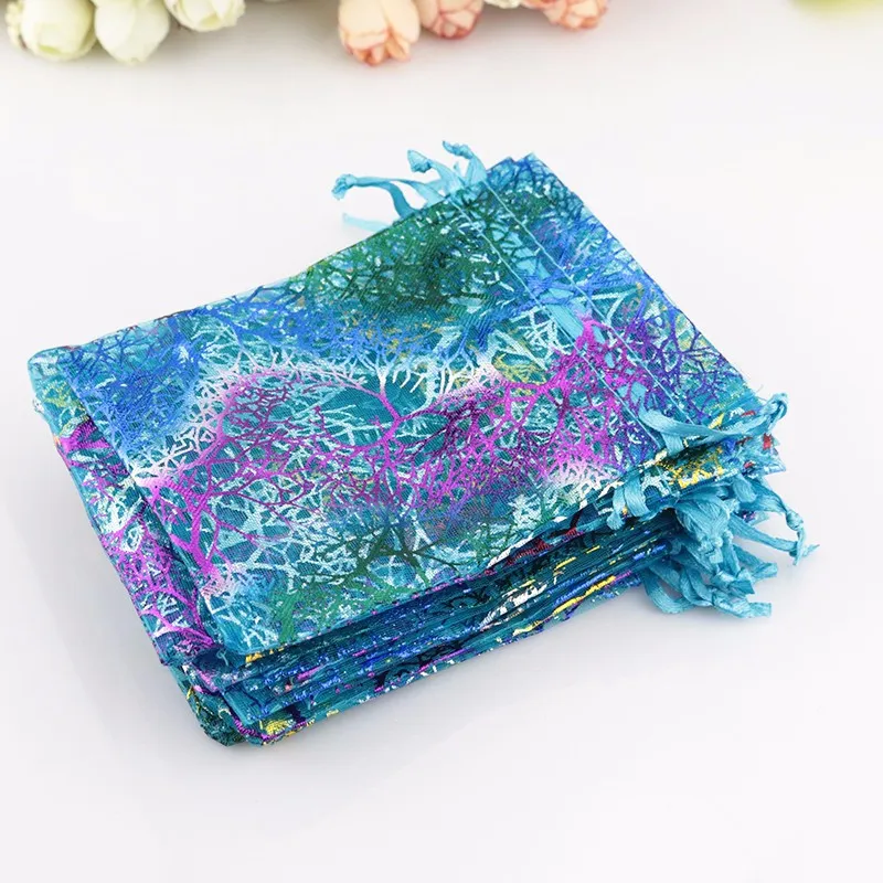Coralline Organza Drawstring Jewelry Packaging Pouches Party Candy Wedding Favor Gift Bags Design Sheer with Gilding Pattern 10 x15cm 