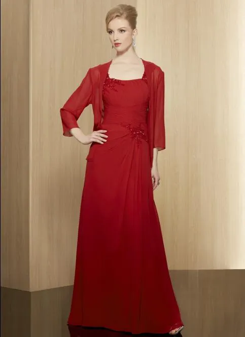 Red Long Madre de los vestidos de novia / novio con chaqueta / bolero gasa espaguetis elegantes pliegues elegantes lentejuelas con cuentas mujeres vestido de noche formal 2021