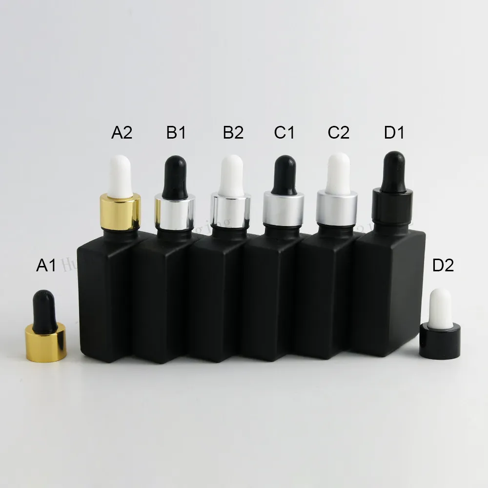 12 x 30 ml leere frostschwarze quadratische flache Glasflaschen mit Aluminium-Tropfer. 1-Unzen-Glas-Tropfbehälter