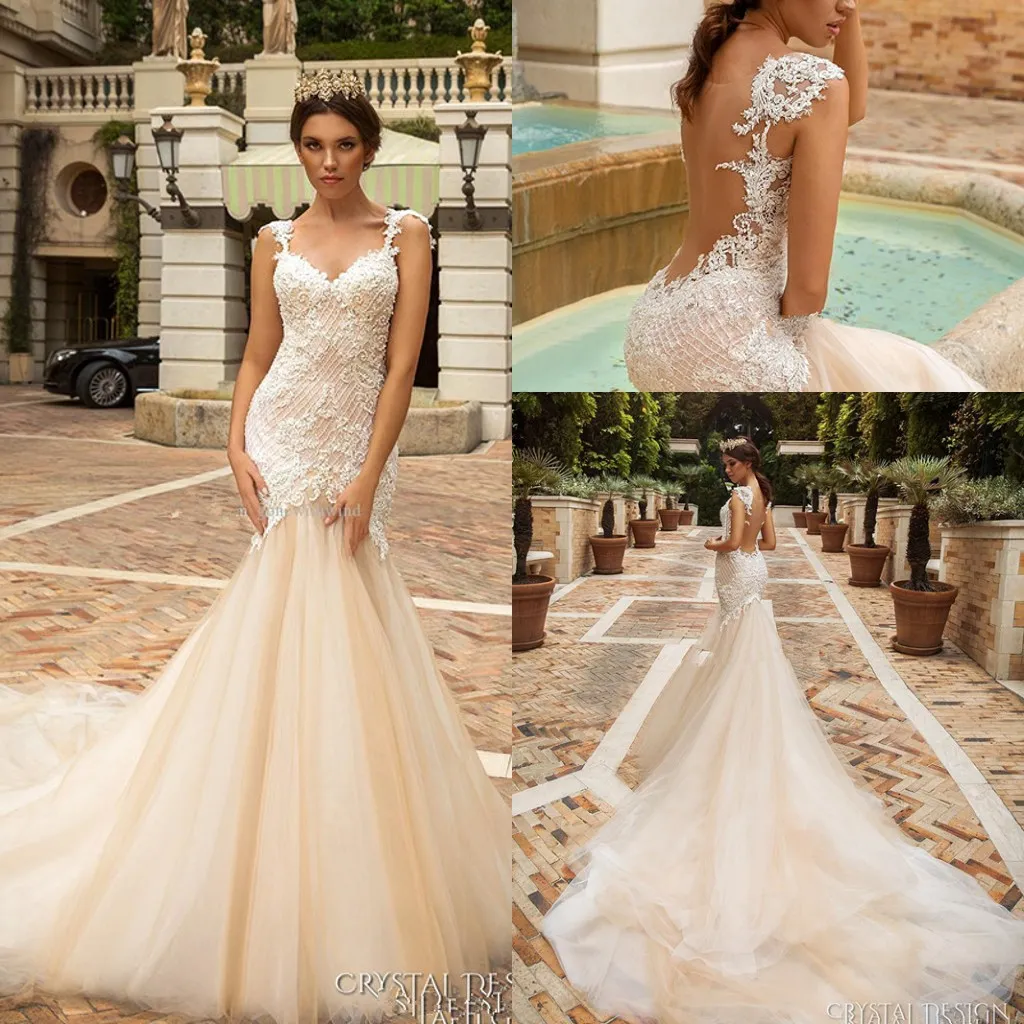 Pura volta sereia vestidos de noiva de cristal Design nupcial embelezado corpete decote sem mangas namorada Fit e Flare vestidos de casamento