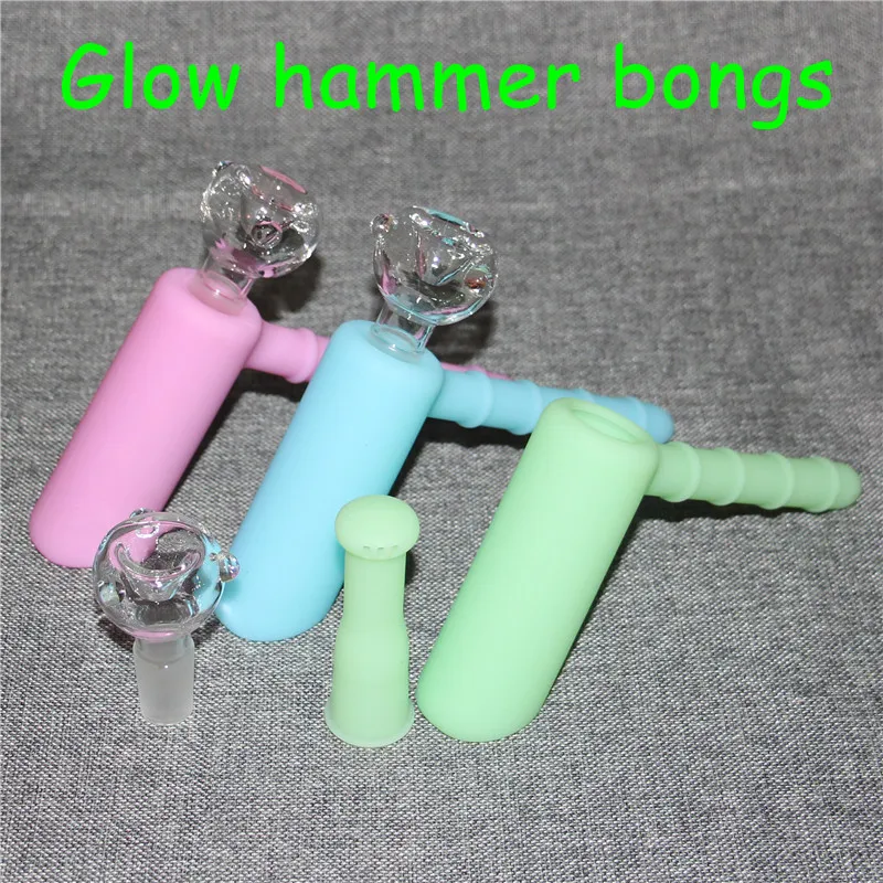 Glow in Dark Silicone Hamer Blunt Bong Hookahs Bubblers Mini Travel Bongs Douchekop DAB RUG Siliconen Bubbler Oliereiljes 18.8mm Gewricht Gratis DHL