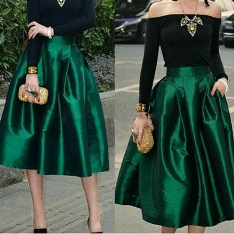 Dark Green Under Midi Skirts For Women High Waisted Ruched Satin Tea Length Petite Cocktail Party Skirts Top Quality Women Formal Outfits