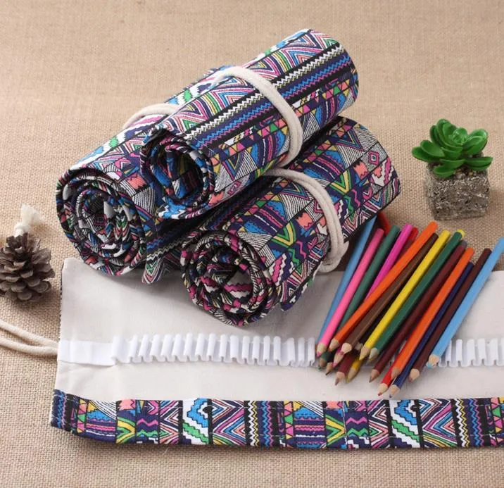 Tela stampata vintage Roll Up Pencil Holder Makeup Pen Case Bag Wrap Curtain Sketch School Supplies