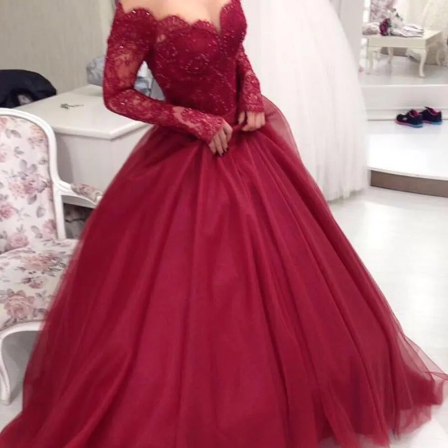 Red Lace Off Shoulder Maroon Prom Dresses 2022 With Beaded Long Sleeves Zipper Back And Sweep Train Affordable Tulle Party Dress For Women From Xzy1984316 87.06 DHgate.Com