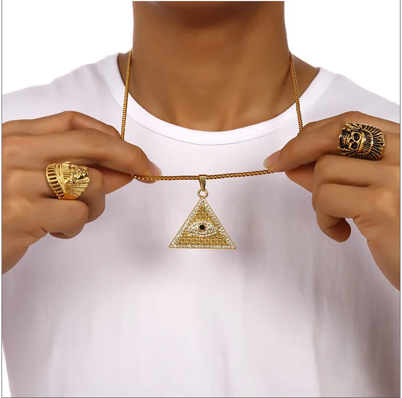 Punk Rock Hip-Hop Joyas Eye of Horus Pyramid Pendants Necklace Hipsters Hip Hop Jewelry Men Women Bijoux Joyas Box Chains 60cm Gold
