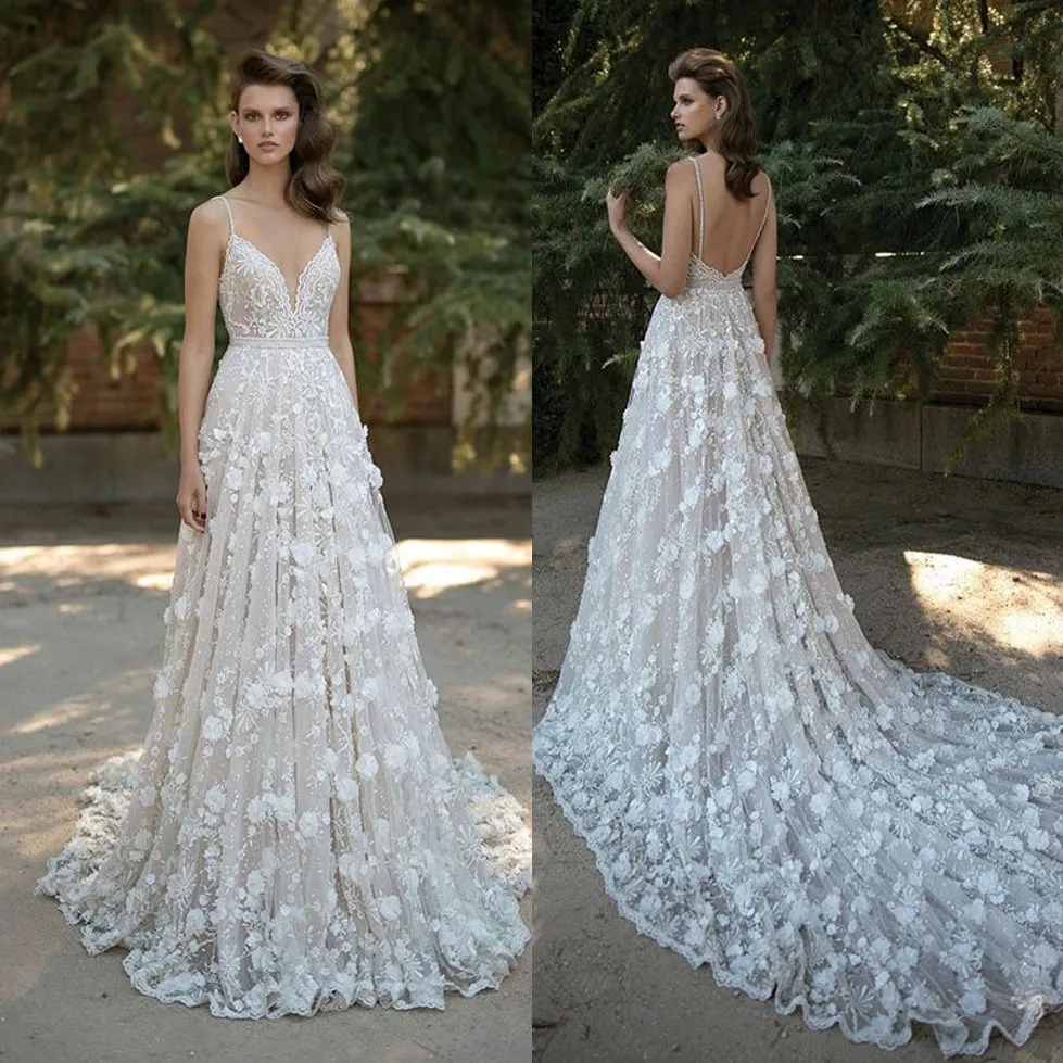 Amazing Berta Mermaid Lace Wedding Dresses Spaghetti Straps V Neck Backless Bridal Gowns 3D Appliqued Sweep Train Beaded Vestidos De Noiva