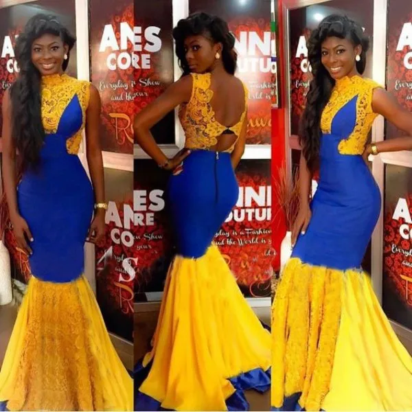 Gorgeous African Prom Dresses Long Mermaid Royal Blue and Yellow Lace Evening Party Gowns Sexy Open Back Formal Wear Sweep Train