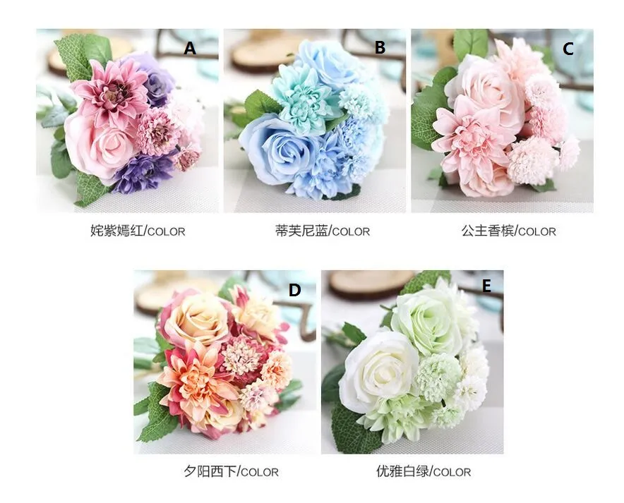 Een boeket van kunstbloemen met 3 rozen, 3 rozen Dahlia, 2 grote en 2 kleine chrysanthemum bloem vijf kleur om SF012 te kiezen