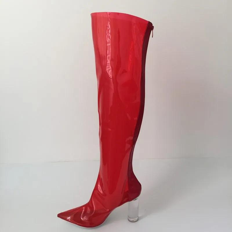 Bottes transparentes en PVC rouge femmes sur le genou bottes longues bout pointu talons ronds clairs couleurs personnalisées chaussures femmes bottes 2017 nouveau