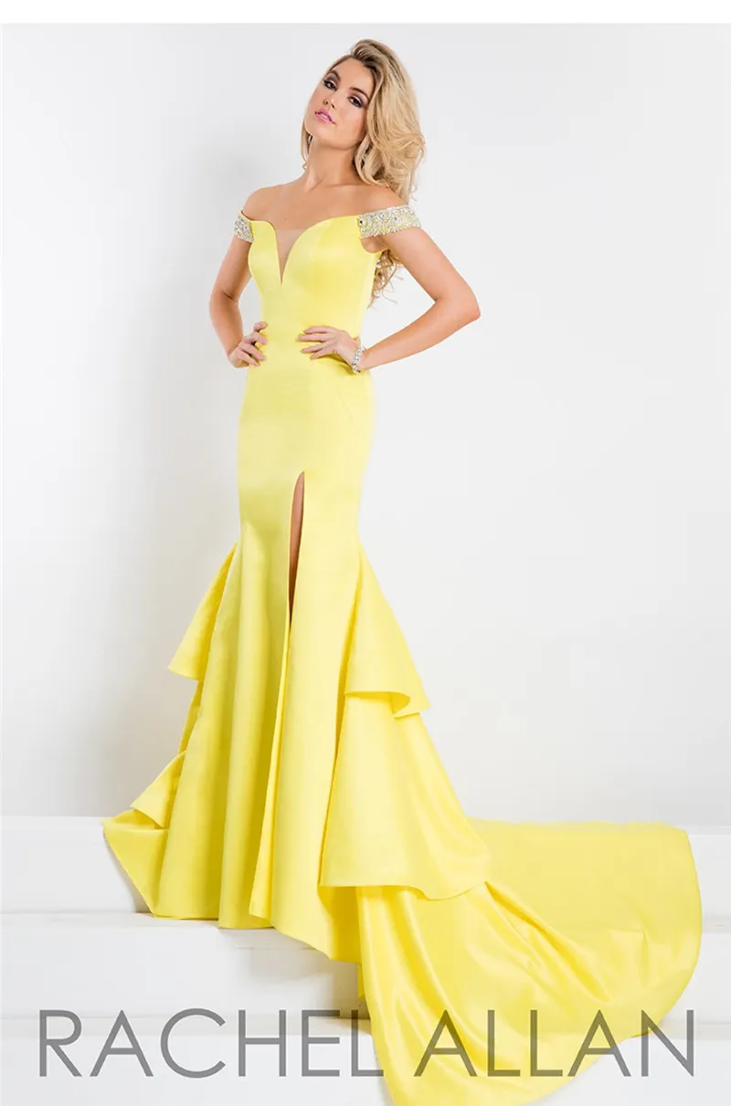 Rachel Allan Mermaid Prom Dresses Off Shoulder Neckline Split Evening Gowns Full Length Beads Light Yellow Prom Gowns