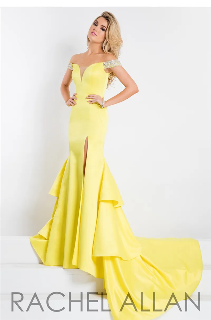 Rachel Allan Mermaid Prom Dresses Off Shoulder Hals Split Evening Jurken Volledige lengte Kralen Licht Geel Prom-jurken