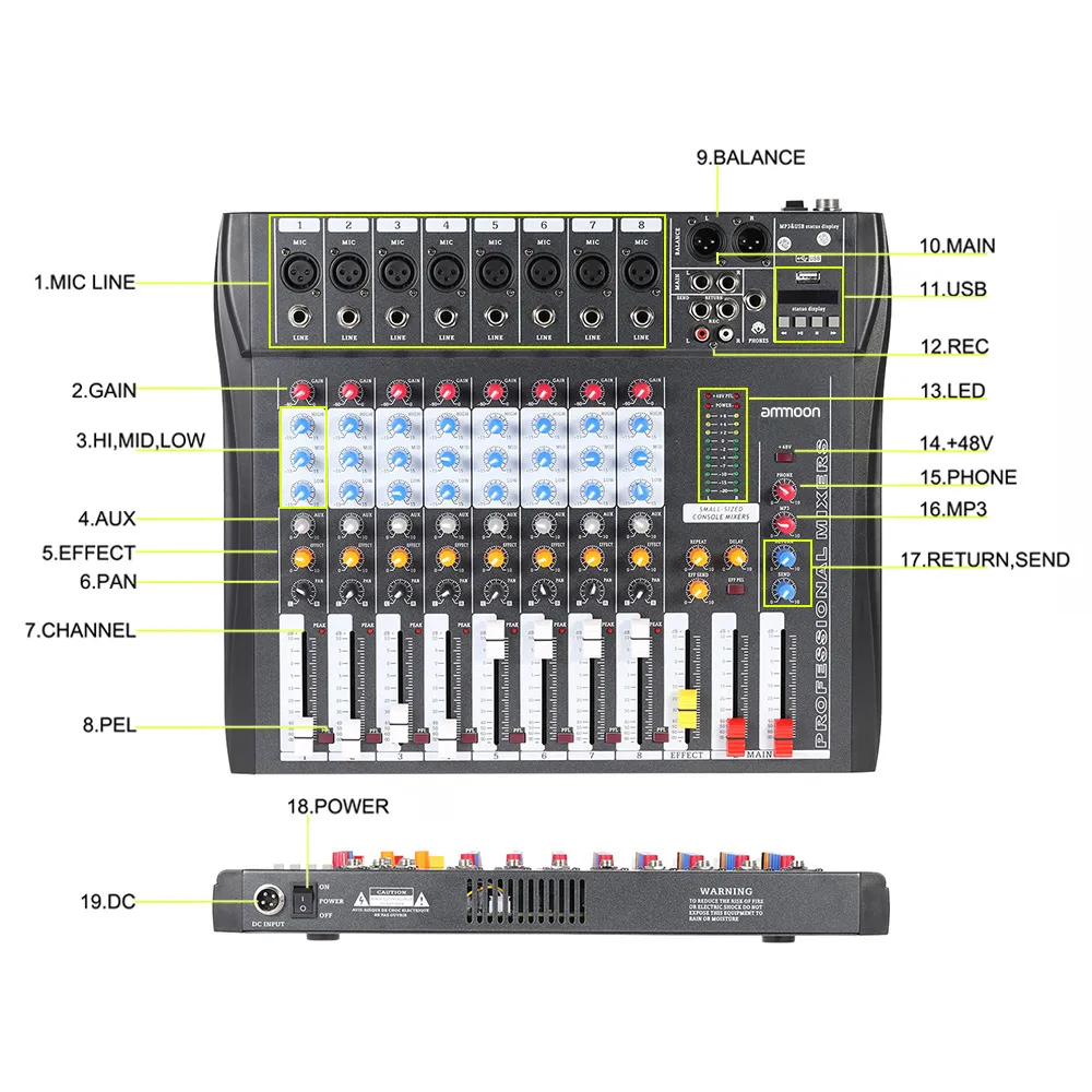 Freeshipping USB 8 Channel Digtal Mic Line Mieszalnik Audio Mikser W / 48V Phantom Power do nagrywania muzyki DJ Stage Karaoke