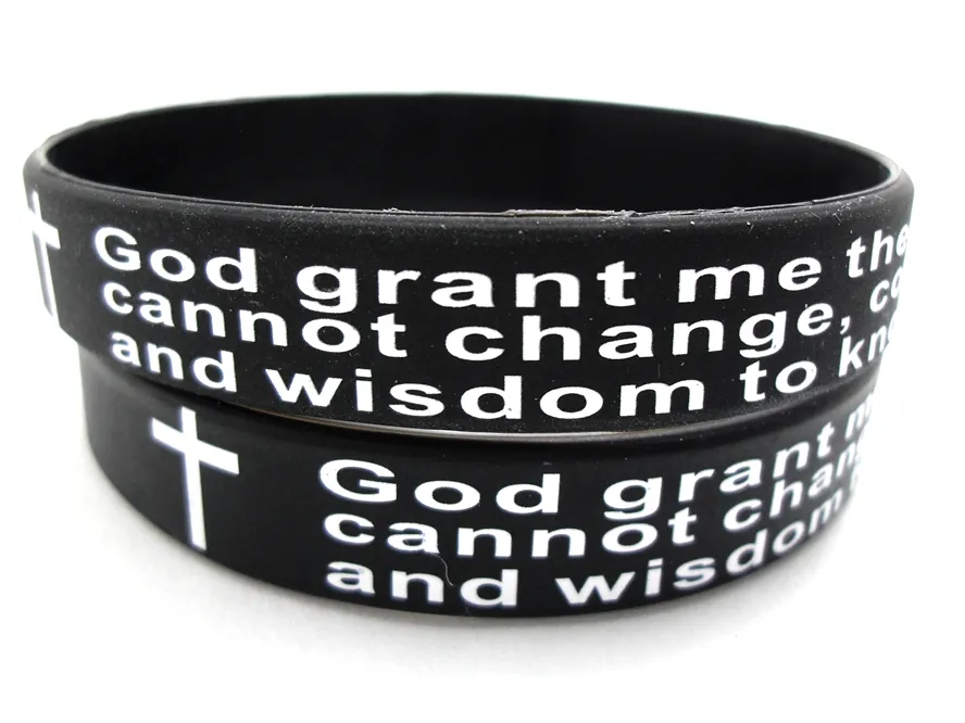 100pcs Inspirational English Serenity Prayer Silicone Bracelets Christian Men Cross Fashion Wristbands whole GOD SERENITY Jewe264T