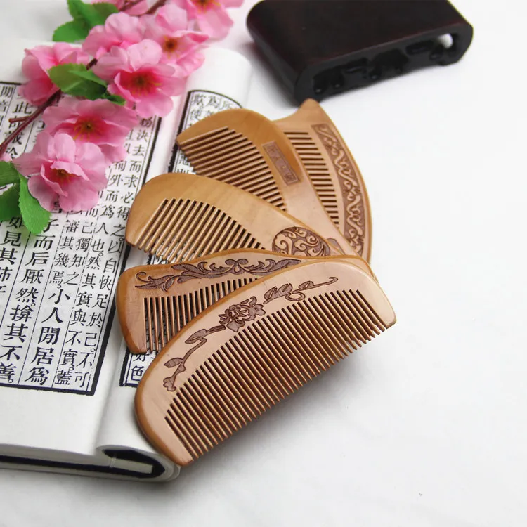 Natural peach combs thickened carved wood combs Anti-static massage scalp health portable hair comb wedding favor Women's gifts