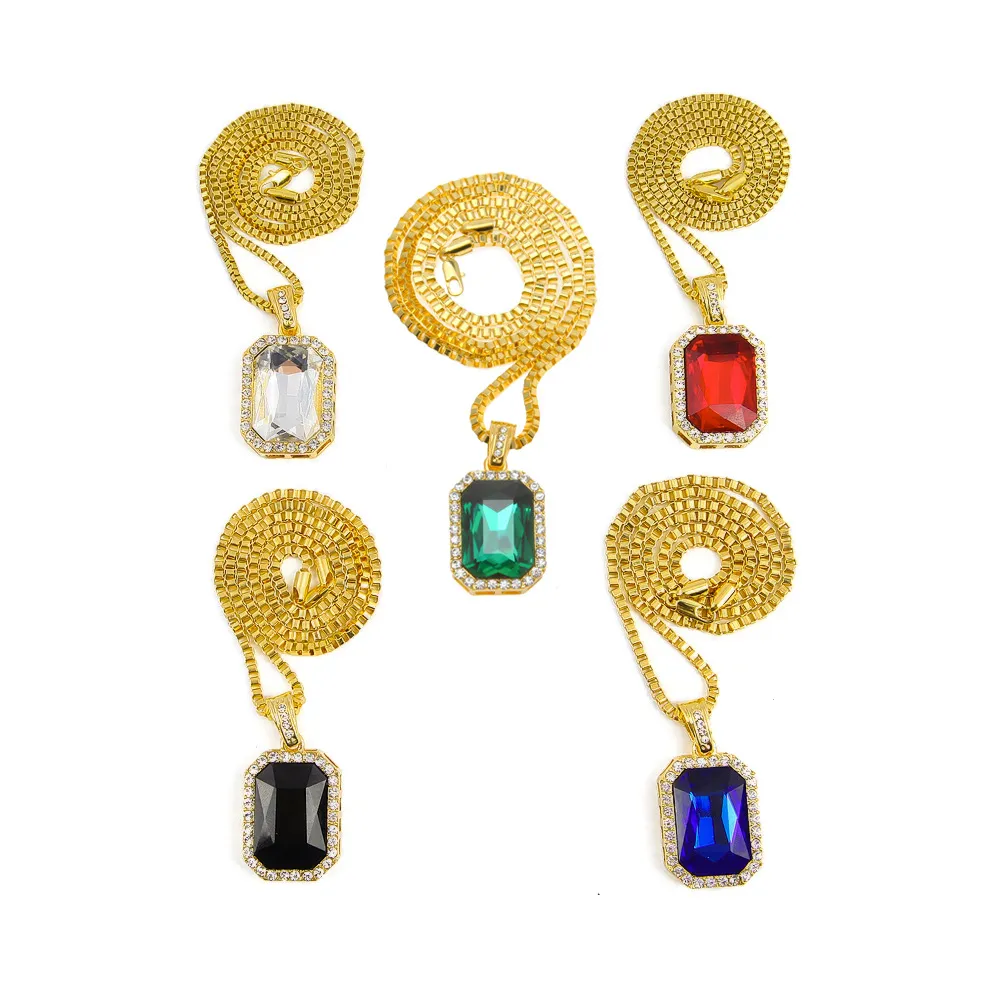 Set di gioielli con collana di rubini da 2 pezzi, in argento placcato oro, con ciondolo quadrato rosso ghiacciato, catena a forma di scatola hip-hop
