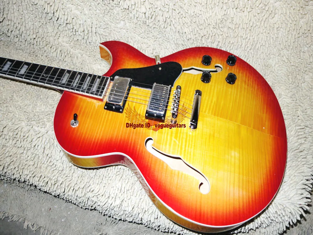 Custom Shop 137 Jazz Electric Guitar Hollow Body Gitarr i Cherry Burst Siberian Tiger Gratis frakt A111119