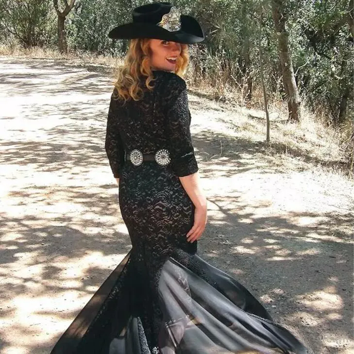 Black Lace Cowboy Country Wedding Mother of the Bride Dresses 2017 Crew 3 4 Lange mouwen maat Split Moeder Off Bruidegrader EN93011 2845