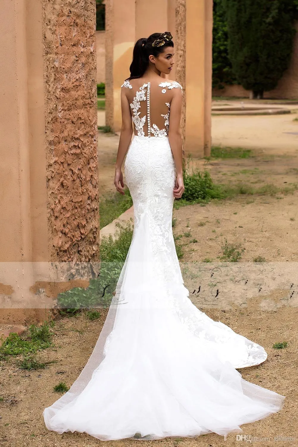 Elegant Lace mermaid wedding dress with Illusion Sleeves, Tulle Applique, and Detachable Skirt - Formal Bride Gown (BA7214)