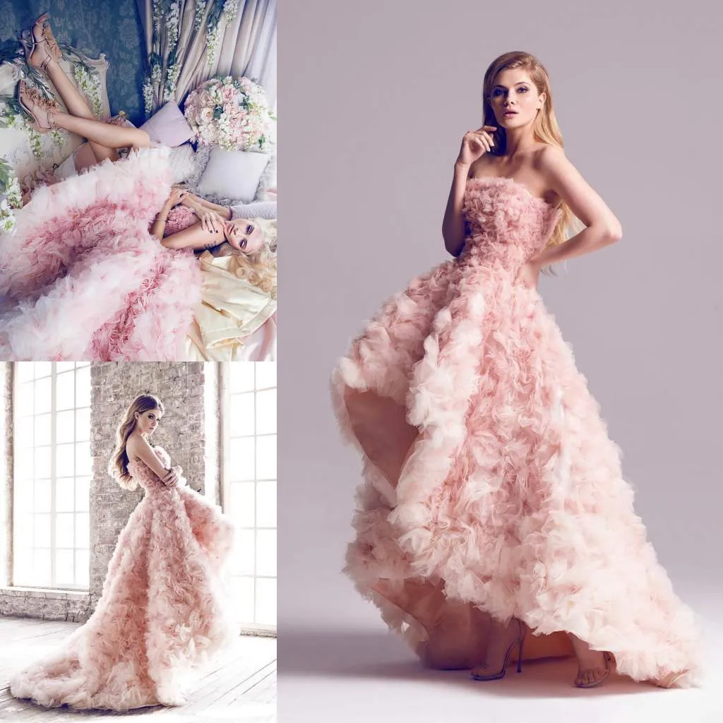 Blush High Low Prom Dresses Scollo senza spalline Ruffles A-Line Abiti da sera Sweep Train Tulle Abito formale senza maniche