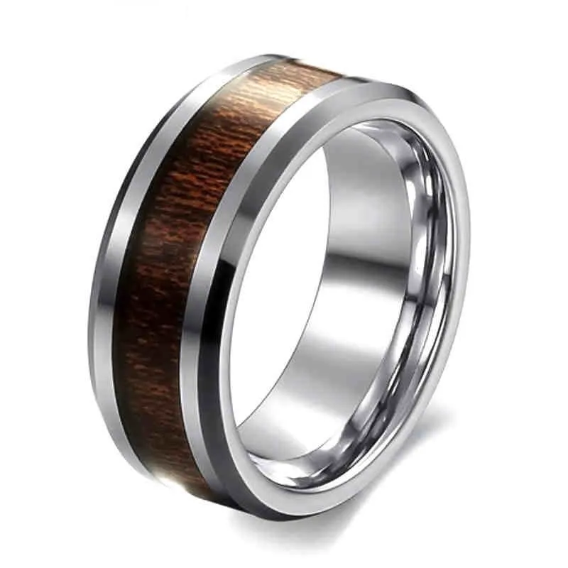 Wholesale- Classic Style 8mm Mens Ring Stainless Steel Ring Retro Dark Wood Grain Design Men Promise Ring for Party Gift