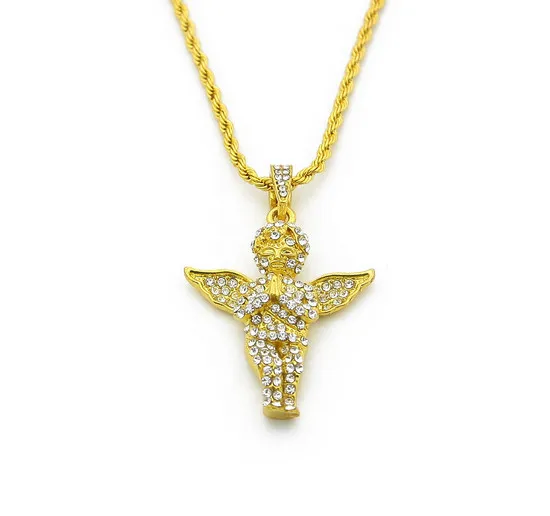 Mens Vintage Angel Wing Pendant Rope Chain 18K Gold Plated Iced Out Necklace 24 Inch Long