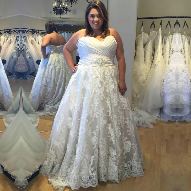 Plus La Taille Robes De Mariée Chérie Dentelle Appliques Robes De Mariée Pour Grosses Femmes Balayage Train Une Ligne Robe De Mariée Robe De Novia