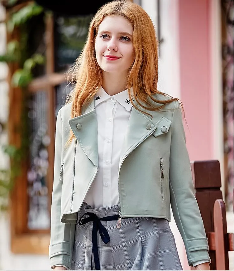 New Autumn Winter Style Women Fashion Green Short Jacket Coats Ladies s Elegant V Neck Zipper Small Jackets Girls Sweet Long Sleeve Surcoat